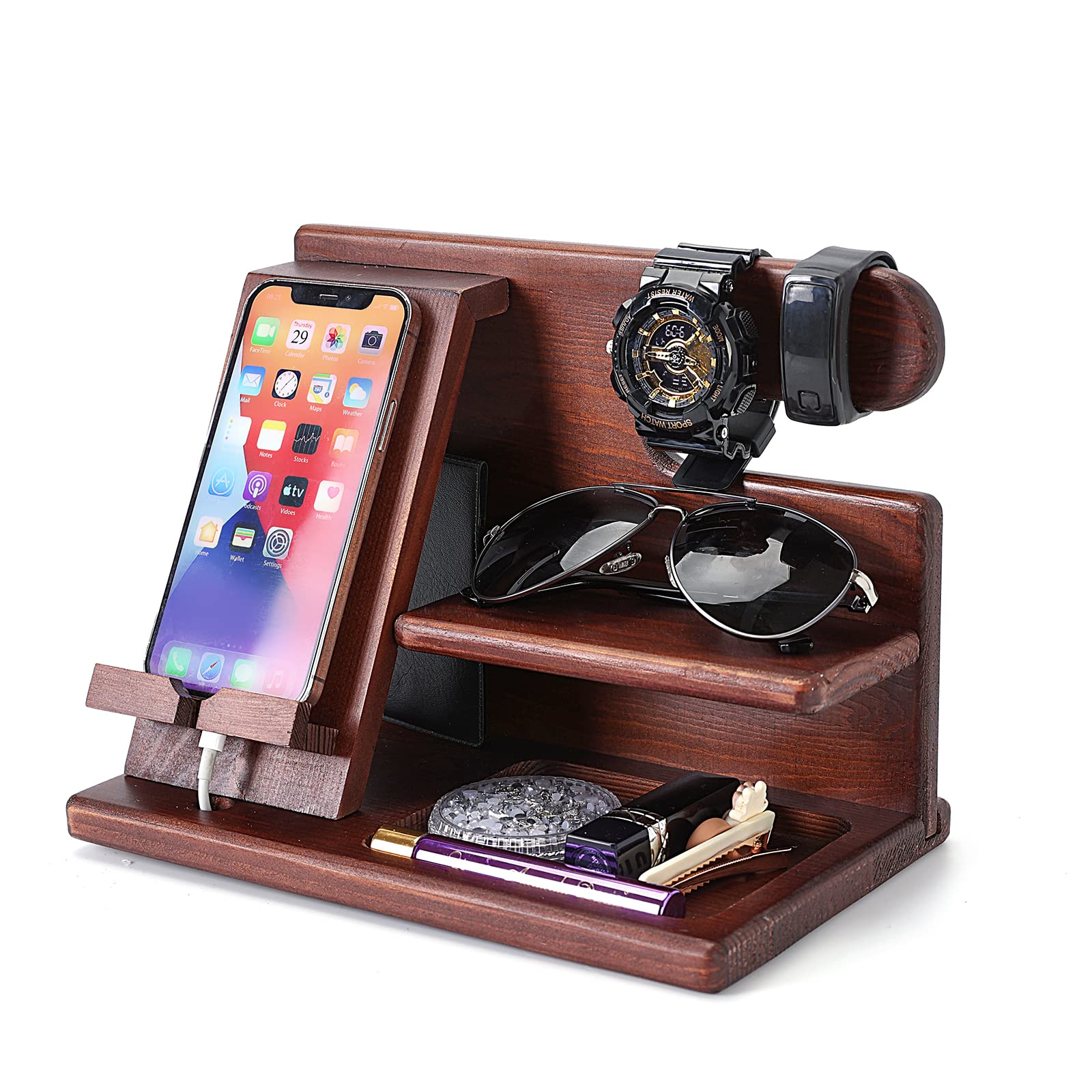 facinlay Wood Phone Docking Station Gifts for Men Ash Key Holder Wallet Stand Watch Organizer Husband Anniversary Dad Birthday Nightstand Purse Father Graduation Male Travel Idea Gadgets
